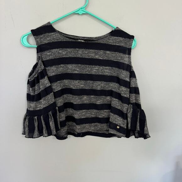 NUON Cold Shoulder Crop Top Size Small Striped Ruffle Sleeve Ends - Picture 1 of 7